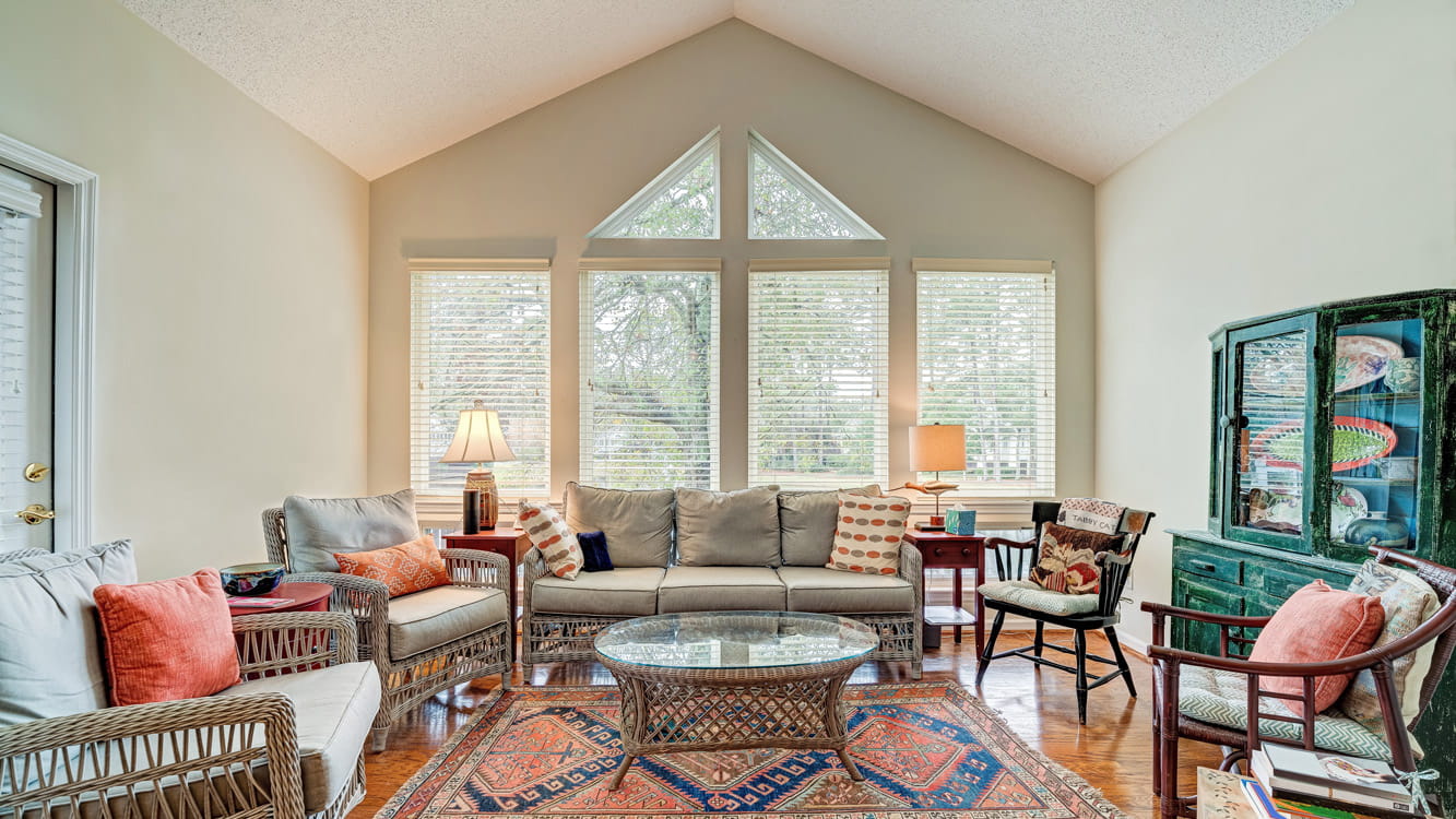 The living room of an Oak Island Cottage floor plan at TidePointe.
